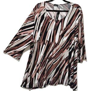 New BLACK TAN WHITE CONTEMPORARY PRINT ¾ SLEEVE SCOOP NECK SWING TUNIC  3X – 4X